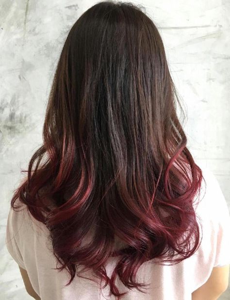 Dark Brown Hair With Burgundy Dip Dye                                                                                                                                                                                 More Sandy Brown Hair, Burgundy Brown Hair, Natural Dark Hair, Black Hair Ombre, Dipped Hair, Dyed Tips, Red Ombre Hair, Dyed Hair Pastel, Golden Brown Hair