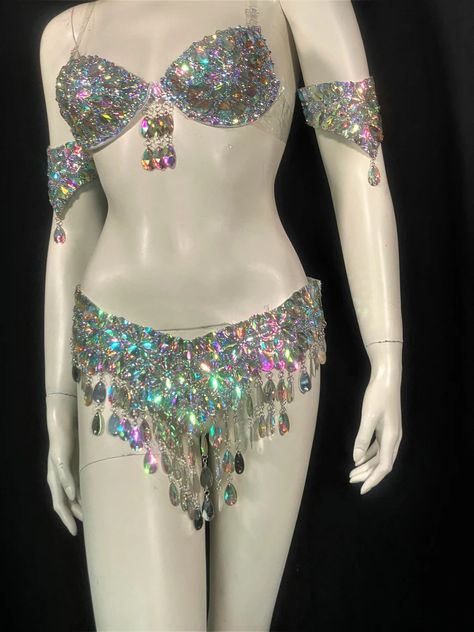 Iridescent Crystal AB Carnival Costume Set Crystal Belt and | Etsy Unique Womens Costumes, Showgirl Outfit, D Cup Bra, Shine Costume, Transparent Outfit, Bling Bra, Showgirl Costume, Crystal Bra, Brooklyn And Bailey