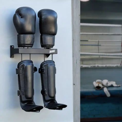 Ingosson - Shin guard and boxing glove racks, wall mount Mma Gear, Shin Guard, Home Studio Setup, Home Gym Ideas, Boxing Glove, Shin Guards, Gym Ideas, Studio Setup, Wall Storage