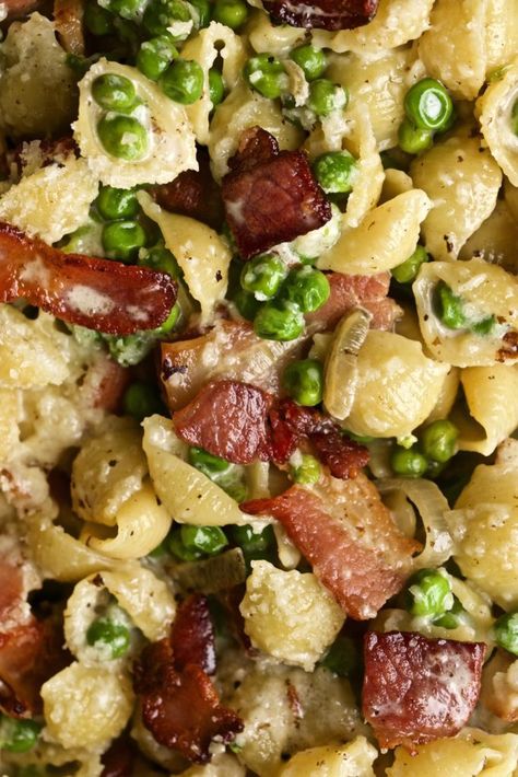 Creamy Pasta Shells with Sweet Peas and Bacon | CucinaByElena Peas And Bacon, Pea Pasta, Shell Pasta Recipes, Shell Pasta, Smoked Salmon Pasta, Mascarpone Recipes, Pasta Varieties, Easy Pasta Dinner, Tortellini Pasta