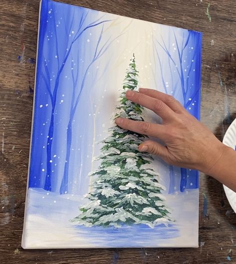 How To Paint A Christmas Tree On Canvas, How To Paint A Christmas Tree, Easy Christmas Tree Painting, Painting A Christmas Tree, Christmas Tree Painting Ideas, Snowy Forest Background, Christmas Tree On Canvas, Paint A Christmas Tree, Tree Painting Easy