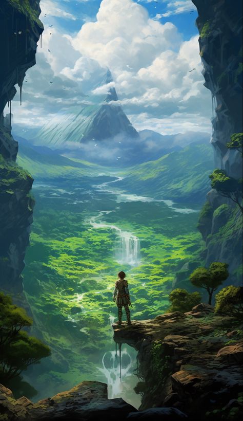 Valley Fantasy Art, Waterfall Fantasy Art, Fantasy Valley, Disney Princess Anime, Adorable Anime, Mountain Waterfall, Fantasy Worlds, Colouring Pics, Final Fantasy Art