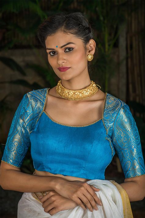 Jacard Blouse Designs, Bead Edging, Sky Blue Blouse, Readymade Blouse Online Shopping, Brocade Blouse Designs, House Of Blouse, Deep Sky Blue, Boat Neck Blouse Design, Brocade Blouse