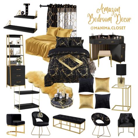 Black and gold amazon bedroom decor ideas inspiration. Inspiration for bedroom ideas. Black and gold bedroom. Black N Gold Bedroom Ideas, Gold Black Bedroom Ideas, Master Bedrooms Decor Black And Gold, Black White Gold Bedroom Decor, Black Grey And Gold Bedroom Ideas, Black And Gold Dressing Room, Black Marble Bedroom Ideas, Black White Silver Gold Bedroom Ideas, Glam Black Bedroom Decor