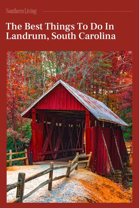 Perched on the border of North Carolina and South Carolina, Landrum is the stuff of small-town dreams. Surrounding a quaint downtown, you’ll find outdoor attractions like a u-pick lavender farm, nature preserve, and historic covered bridges. Visit the link to learn how to spend an idyllic weekend in Landrum, South Carolina. #southern #blueridgemountains #landrum #southcarolina #falltrips #southernliving #southernthings Lighthouses In South Carolina, Landrum South Carolina, Southern Road Trips, Travelers Rest Sc, Southern Travel, Travelers Rest, North Carolina Travel, Road Trip Destinations, Travel Recommendations