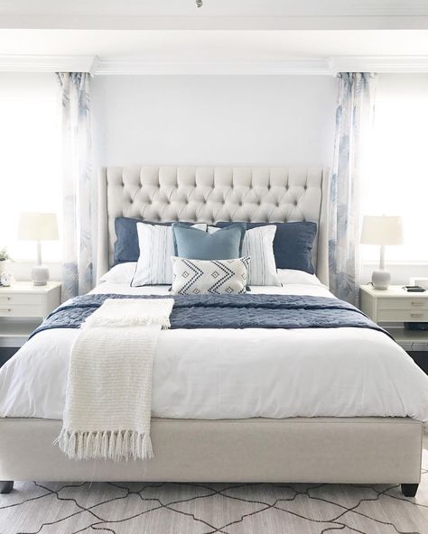 Kelly Hartley | Hartley Home | on Instagram: “I was busy today installing this bedroom I've been working on. We went from dark and ornate to light, bright and crisp. ���😍 Bonus- my client…” Pillows And Blankets, Coastal Bedroom Decorating, Blue Bedroom Decor, Coastal Bedroom, Blue Bedroom, Master Bedrooms Decor, Remodel Bedroom, Main Bedroom, White Bedroom