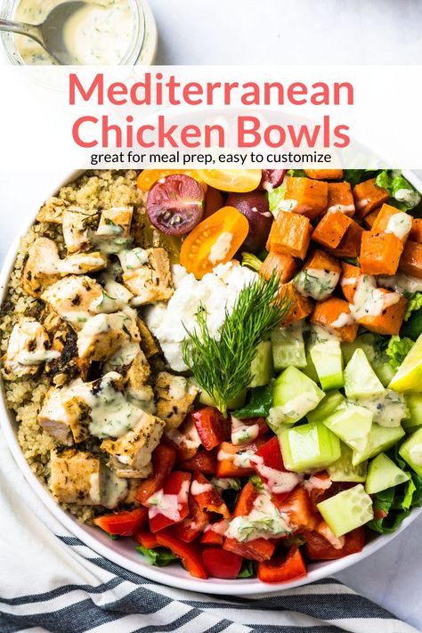 Mediterranean Chicken And Rice Bowl, Mediterain Diet, Mediterranean Quinoa Bowl, Bowl Dinners, Chicken Bowl Meal Prep, Chicken Bowls Healthy, Greek Goodness, Mediterranean Salads, Mediterranean Chicken Bowl