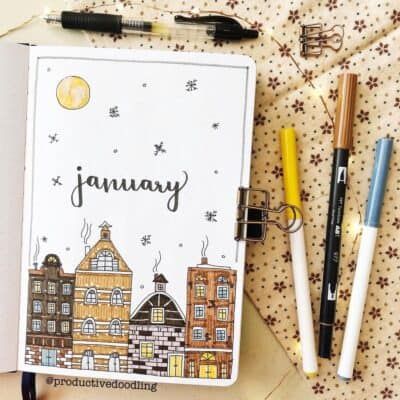 Amazing Winter Bullet Journal Theme And Page Ideas To Try This Season | Masha Plans January Themes, Bullet Journal Calendrier, Snowy Street, 11 January, January Bullet Journal, Bullet Journal Page, Bullet Journal Cover Page, Bullet Journal Cover Ideas, Journal Spreads