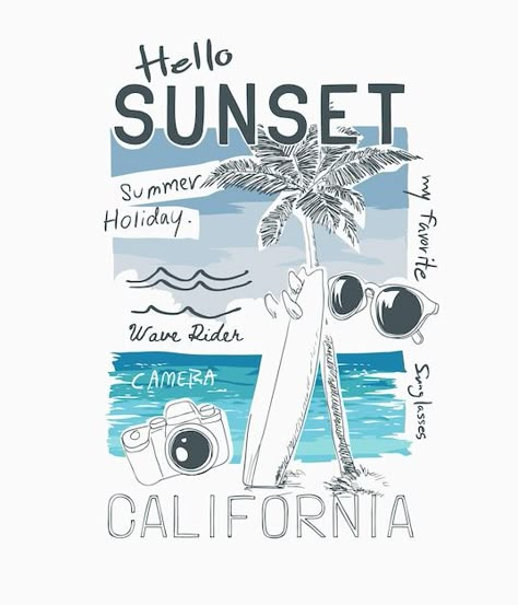 Vector hello sunset slogan with hand dra... | Premium Vector #Freepik #vector Beach Sketch, Beach Run, Diani Beach, Sketch Board, Free T Shirt Design, Beach Illustration, Shirt Logo Design, Tshirt Design Inspiration, Beach Background