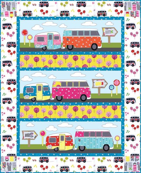 Road Trip Quilt by Heidi Pridemore /44"x54" - QUILT INSPIRATIONS - GET INSPIRED Camper Applique, Camper Quilt, Mermaid Quilt, Camping Quilt, Jungle Pattern, Spring Quilts, Quilt Fabrics, Applique Quilt Patterns, Retro Campers