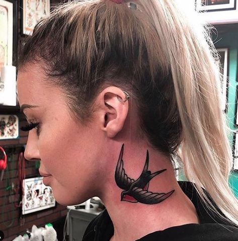 Swallow Neck Tattoo, Bombshell Tattoo, Swallow Tattoo Design, Sparrow Tattoo, Throat Tattoo, Swallow Tattoo, Quirky Art, Edmonton Alberta, Neck Tattoo