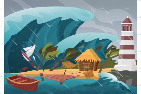 Tsunami waves nature disaster by Lemberg Vector on @creativemarket Tsunami Image, Nature Disaster, Natural Disasters Art, Dock House, Tsunami Waves, Wave Illustration, Summer Backgrounds, Broken Glass, Surfing Waves