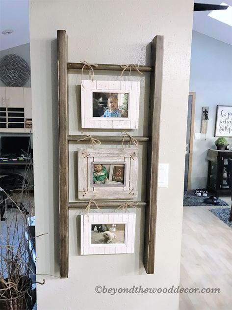 Ladder On Wall Decor, Wall Ladder Decor, Small Ladder Decor Ideas, Decorating With Ladders, Small Ladder Decor, Picture Ladder, Mini Ladder Decor Ideas, Ladder Picture Frame, Wood Ladder Decor