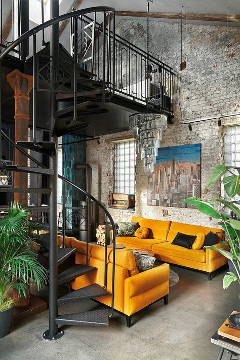 Modern Loft Design, Brick Living Room, Loft Ideas, Interior Design Dining Room, Loft Interiors, Industrial Interior Design, Casa Container, Loft House, Loft Living