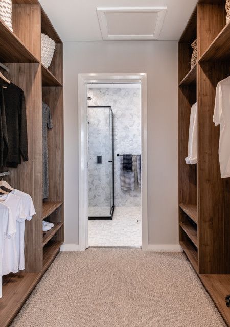 Newly Built Home - Contemporary - Wardrobe - Sydney - by Michelle Chiu Photography | Houzz NZ Walk In Closet Bathroom Combo, Walk In Closet And Bathroom Combo, Closet Bathroom Combo, Closet And Bathroom Combo, Walk In Wardrobe And Ensuite, Closet Design Plans, Master Suite Floor Plan, Organization Wardrobe, Walk Through Closet