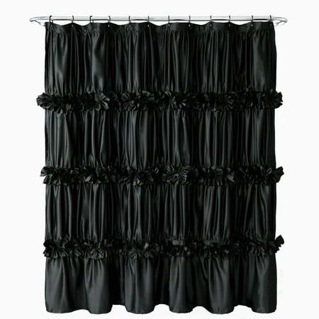 This HIG cloth fabric shower curtain gives a romantic look to your bathroom. The bath shower curtain with delicate handcrafted butterfly flowers, 12 rust-free eyelets on the top allow for easy installation. Also it can be used as shower curtain, window curtain, cloakroom curtain, door curtain, backdrop for live streaming and etc. The curtain is made of high quality brushed microfiber fabric, machine washable and dry quickly - machine wash cold, gentle cycle, no bleach and tumble dry low. Size: 72" x 72".  Color: Black. Ruffle Shower Curtain, Gothic Bathroom, Satin Curtains, Ruffle Shower Curtains, Black Bathroom Decor, Black Shower Curtains, Fancy Flowers, Stall Shower Curtain, Bath Curtain