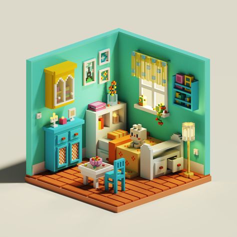 Cube World, Voxel Art, House Cartoon, Anime City, Props Art, Isometric Art, Isometric Design, Isometric Illustration, Low Poly Art