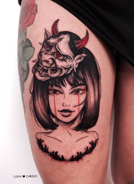 Chrissy 💉🌹 on Twitter: "Tattooed a devilish girl crying tears of blood 🌹♥️… " Tato Geisha, Japanese Tattoo Symbols, Crying Tears, Geisha Tattoo, Creepy Tattoos, Stylist Tattoos, Japan Tattoo, Japanese Tattoo Art, Skull Tattoos