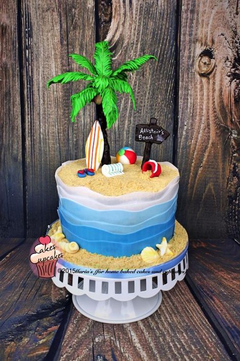 Ocean Birthday Cakes, Baby Shower Cupcake Cake, Nerf Cake, Surf Cake, Gym Cake, Beach Themed Cakes, Surf Party, Hawaiian Party Decorations, Sea Cakes