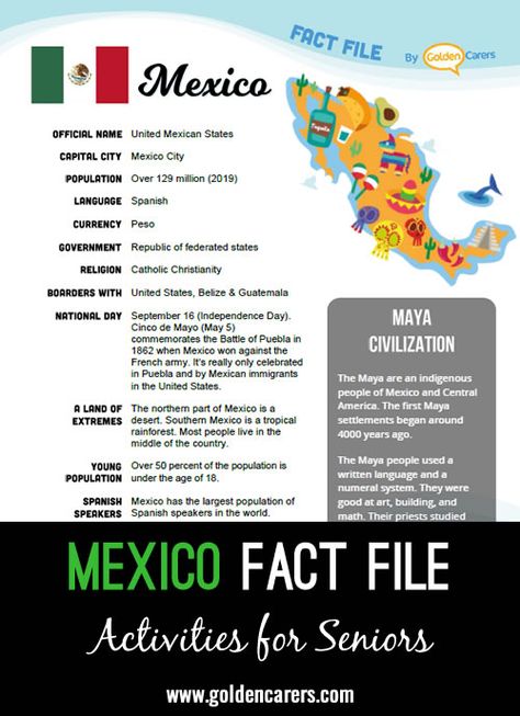 An attractive one-page fact file all about Mexico. Print, distribute and discuss! World Thinking Day Mexico, Mexico Projects For Kids, Mexico Poster Board Project, Mexico Geography, Fun Facts About Mexico, Multicultural Fair, Mexico For Kids, Multicultural Night, Multicultural Activities