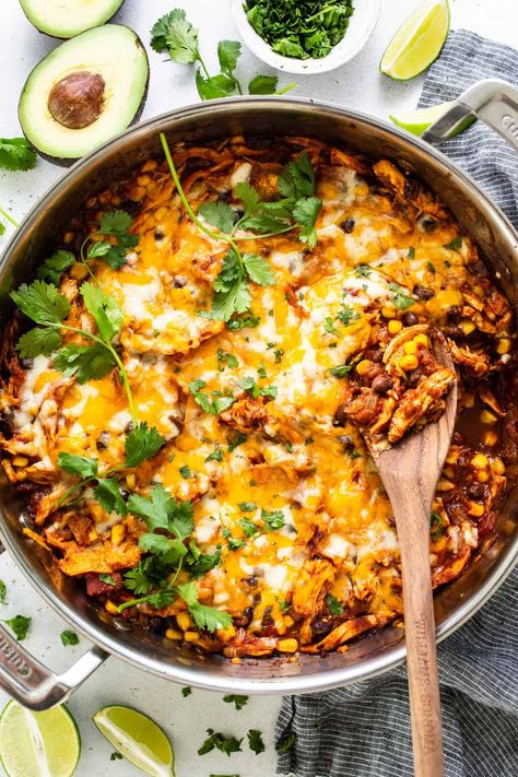 Chicken Enchilada Skillet - Fit Foodie Finds Enchilada Bowl Recipe, Enchilada Sauce Meals, Easy Healthy Rotisserie Chicken Recipes, Chicken Enchilada Bowl Healthy, Skillet Enchiladas Chicken, Recipes With Shredded Rotisserie Chicken, Chicken Enchilada Meal Prep Bowls, Shredded Chicken Skillet Recipes, Shredded Mexican Chicken Recipes