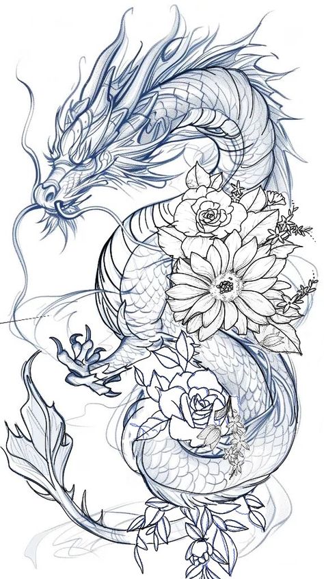 Tattoo Ideas Thigh Female, Dragon Female Tattoo, Dragon With Chrysanthemum Tattoo, Dragon And Floral Tattoo, Dragon Inspired Tattoos, Dragon Rose Tattoo For Women, Flowers With Snake Tattoo, Dragon Tattoo Large, Dragon In Flowers Tattoo