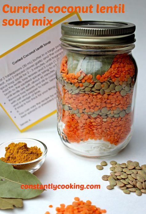 Curried Coconut Lentil Soup Mix | Constantly Cooking Salted Caramel Pretzel Bark, Edible Gift Ideas, Caramel Pretzel Bark, Mason Jar Soup, Thai Curry Soup, Coconut Lentil Soup, Soup Gifts, Pretzel Bark, Dry Soup Mix