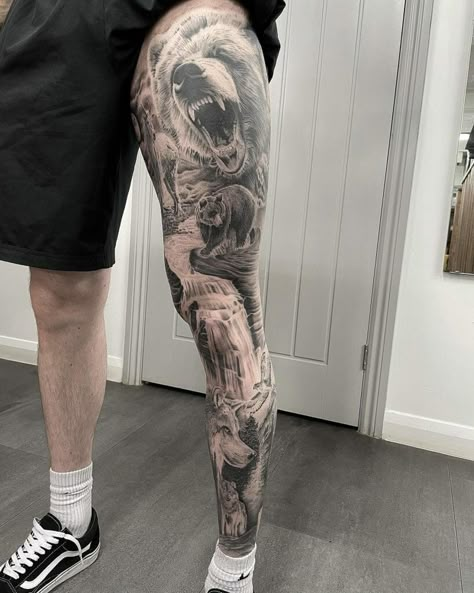 Mens Tattoo Leg Sleeve, Mens Full Leg Sleeve Tattoo, Bear Tattoos For Men Leg, Left Leg Tattoo Men, Sleeve Tattoos For Guys Leg, Wildlife Leg Sleeve Tattoo, Leg Animal Tattoo, Realism Leg Sleeve, Men Leg Sleeve Tattoo Ideas