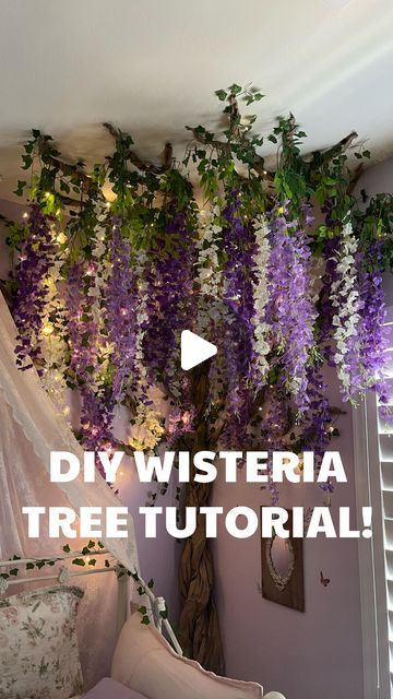 Hanging Lamp With Plants, Hanging Flowers Ceiling Diy, Faux Wisteria Tree, Enchanted Forest Theme Living Room, Diy Wisteria Tree In Bedroom, Diy Hanging Willow Tree, Wisteria In Bedroom, Wisteria Flower Diy, Fake Wisteria Decor