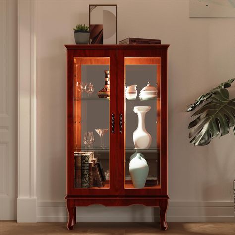 PRICES MAY VARY. Mdf, Tempered Glass Smart Storage Solution: Measuring 43.5"H x 11.75"D x 26"W, this lighted curio cabinet may have a compact footprint, but it offers ample storage capacity. With three shelves, including one fixed-in-place wood shelf and two adjustable tempered glass shelves, each capable of holding up to 15 lbs, you can organize and display your items with flexibility and style. Note: Due to varying lighting conditions, the color of the product may appear different. Please unde Glass Curio Cabinets, Curio Display, Curio Cabinets, Furniture Storage Cabinets, Tempered Glass Shelves, Tempered Glass Door, Shelf Lighting, Kitchen Models, Glass Cabinet Doors