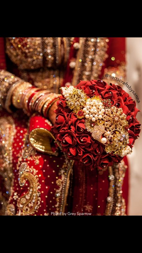 Red And Gold Bridal Bouquet, Indian Wedding Bouquet, Indo Caribbean, Gold Bridal Bouquet, Red Indian Wedding, Bouquet Keepsake, Henna Flower, Gold Bouquet, Jeweled Bouquet