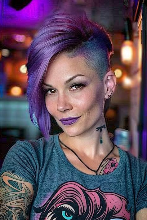 Undercut Color Ideas, Short Purple Hair Pixie, Purple Pixie Hair, Cool Purple Hair, Purple Pixie Cut, Edgy Undercut, Asymmetrical Pixie Cuts, Hair Evolution, Short Hair Images