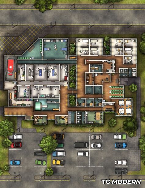 Hospital Wing - Free Version | Patreon D20 Modern Maps, Hospital Rpg Map, Hospital Surgery, D20 Modern, Pathfinder Maps, Modern Hospital, Village Map, Cyberpunk Rpg, Building Map