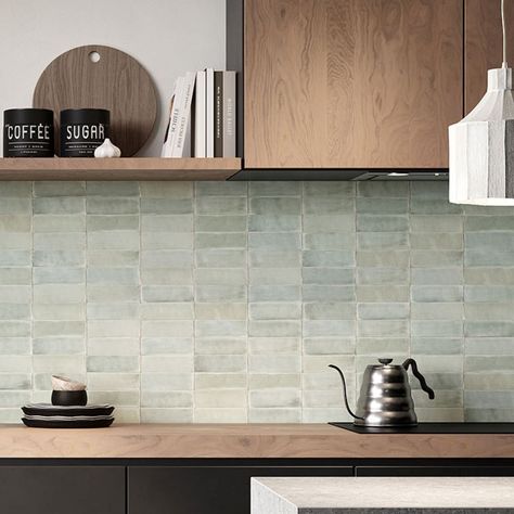 Tint Sea Glass Matt 5.2x16 Sage Green Kitchen Backsplash Ideas, Sage Green Kitchen Tiles, White Kitchen Green Backsplash, Green Subway Tile Kitchen, Sage Green Backsplash, Lisbon Kitchen, Green Tiles Kitchen, Tiled Splashback Kitchen, Pale Green Kitchen