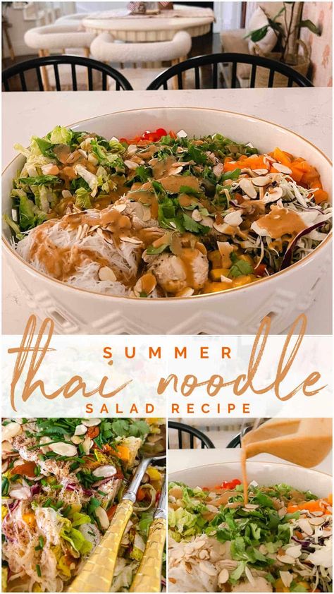 Summer Thai Chicken Noodle Salad Recipe. Thai Chicken Noodle Salad is a colorful medley of seasoned chicken breast, crunchy bell peppers, crisp cabbage, and tender rice noodles, all tossed in a rich, tangy peanut dressing. Chicken Noodle Salad Recipe, Veggies And Noodles, Chicken Noodle Salad, Seasoned Chicken Breast, Chicken Rice Noodles, Thai Chicken Noodles, Rice Noodle Salad, Thai Peanut Chicken, Asian Chicken Salads