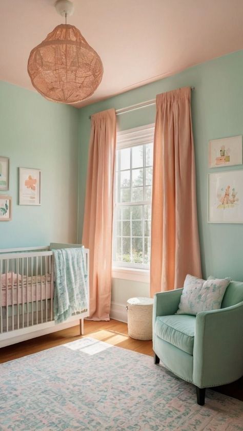 Blue And Peach Living Room, Coral Pink Nursery, Peach Living Rooms, Summer 2024 Color, Peach Nursery, Teal Nursery, Mint Nursery, Baby Nursery Inspiration, Summer Sunrise