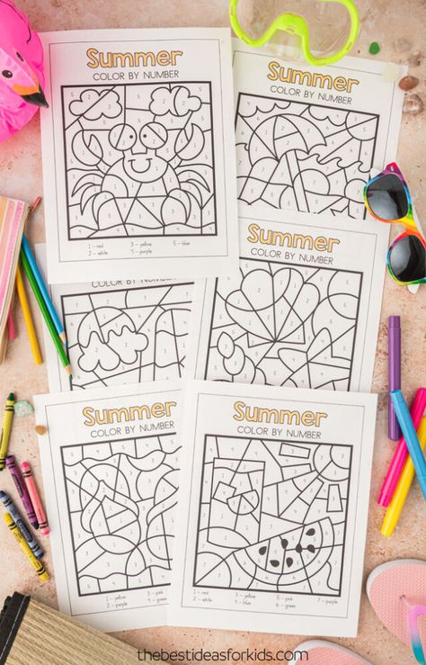 summer color by number printables Pre K Color By Number Free Printable, Simple Color By Number Free Printable, Summer Color By Number Free Printable, Simple Color By Number Preschool, Camping Color By Number, Color Activities For Toddlers, Summer Crafts For Toddlers, Color By Number Printable, Summer Coloring Pages