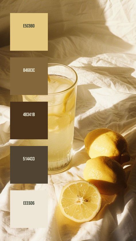 Colors:
E5C980
84683C
4B341B
514433
EEE6D6 Lemon Color Palette, Colour Reference, Summer Lemonade, Yellow Palette, Color Palette Inspiration, Hex Color, Hex Color Palette, Color Board, Lemon Slices