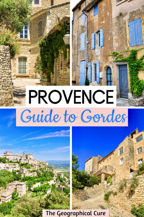 Pinterest pin for things to do in Gordes in one day Gordes France, Beautiful S, Museum Guide, France Trip, Cafe Terrace, Cobblestone Streets, Quaint Village, Southern France, Visit France