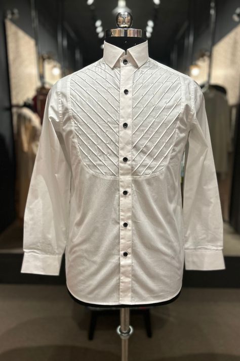 white pintex tuxedo shirt with cutdana work for mens to wear in wedding parties - specially designed by Vestidoz by Renu-Ka-Shivam, Tuxedo shirt, Formal Trousers For Men, Latest Kurta Designs, Cutdana Work, Tuxedo Shirt Men, Stylish Shirts Men, Gents Kurta Design, Gents Kurta, Fancy Shirt, Mens Dress Shirts