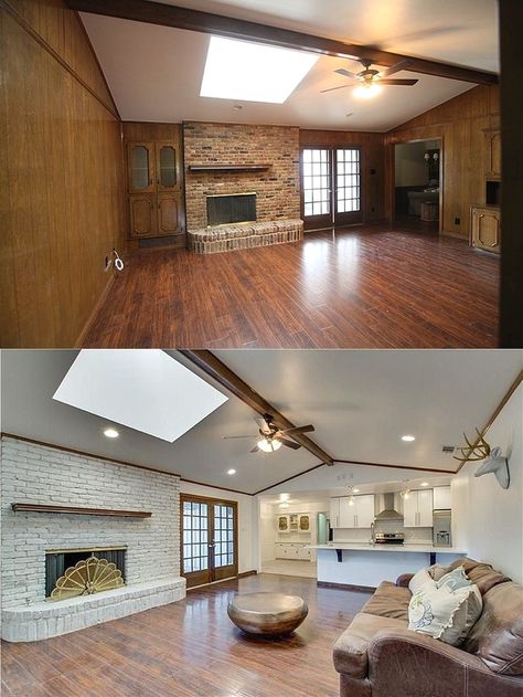 Before and after pictures of a ranch house remodel in Dallas, Tx. Reveal includes laundry rooms, kitchen, bonus rooms, bathrooms and more! Paneling Makeover, Ranch House Remodel, House Before And After, House Flip, House Flipping, Diy Renovation, Flipping Houses, Living Room Remodel, After Pictures