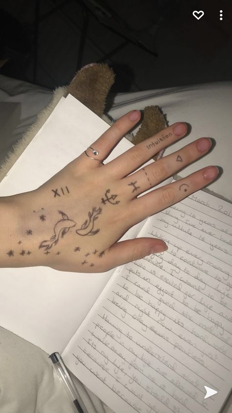 Pisces Constellation Tattoo Hand, Pisces Hand Tattoos For Women, Pices Tattoo Minimalist, Pices Tattoo Ideas, Pisces Hand Tattoo, Pisces Tattoo Designs For Women, Hand Tattoo Ideas, Small Henna Designs, Pisces Tattoo Designs