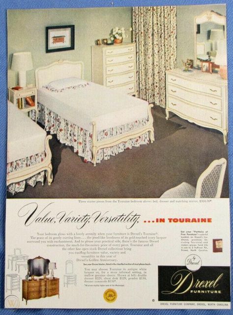 Vintage 1953 Drexel Touraine Bedroom Furniture Print Ad | #2102942699 Retro Bedroom Ideas 1950s, 50s Bedroom Aesthetic, 1950 Bedroom, 1950s Bedroom Decor, 50s Bedroom, 1960s Bedroom, 1950s Bedroom, 1950s Interior Design, Mcm Bedroom