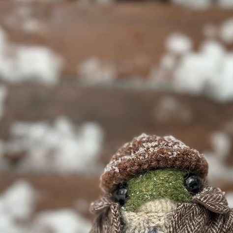 Zinc on Instagram: "It snowed a lot so I took out the winter clothes I was planning to put away and put them back on.  For some reason, I feel happy when it snows. Now that I'm back home, I need to have a hot Americano.  Overalls & skirts patterns are in my ravelry store. Frog pattern by @dotpebbles_knits Shoes, coat made by @dalcom_nuri  #knittingdoll #knitting #frog #Knittedfrog #frogdoll #madebyzinc" Knit Frog Clothes, Frog People, Skirts Patterns, Knitted Frog, I Feel Happy, Frog Doll, Frog Pattern, Frog Wallpaper, Crochet Frog