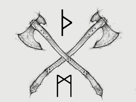 Crossed Axes Tattoo Viking, Two Axes Tattoo, Machado Viking Tattoo, Viking Swords Tattoo Norse Mythology, Axes Tattoo, Machado Viking, Apocalypse Tattoo, Hammer Tattoo, Norse Mythology Tattoo