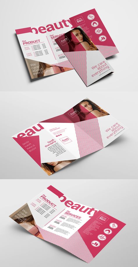 Free Trifold Brochure Template for Beauty Salons. Comes in PSD, Ai & Vector. Works with Adobe Photoshop & Illustrator. Salon Leaflet Design, Beauty Brochure Design, Beauty Brochures, Presentation Folder Design, Tourist Brochure, Brochure Graphic, Website Banner Design, Adobe Photoshop Design, Trifold Brochure Design