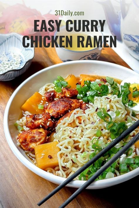 Create this delicious and easy dinner recipe for Curry Chicken Ramen with Butternut Squash. It is a fall upgrade to a favorite comfort food classic. If you love ramen and curry, this Curry Chicken Ramen will be your new favorite autumn meal. Full of flavor and irresistible! Curry Chicken Ramen, Recipe For Curry Chicken, Chicken Ramen Noodle Recipes, Hearty Pasta Recipes, Dinner Date Recipes, 31 Daily, Chicken Ramen, Chicken And Butternut Squash, Easy Chicken Curry