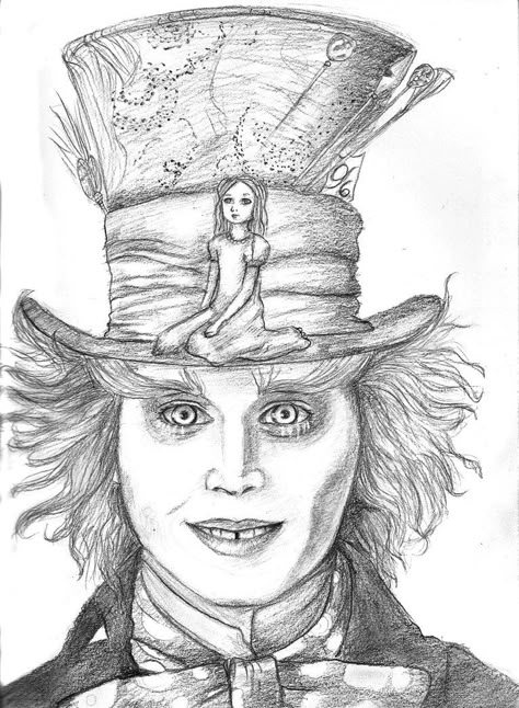 Mad Hatter Drawing, Hatter And Alice, Alice In Wonderland Drawing, Wonderland Drawing, جوني ديب, Alice In Wonderland Drawings, Disney Drawings Sketches, Wonderland Tattoo, The Mad Hatter