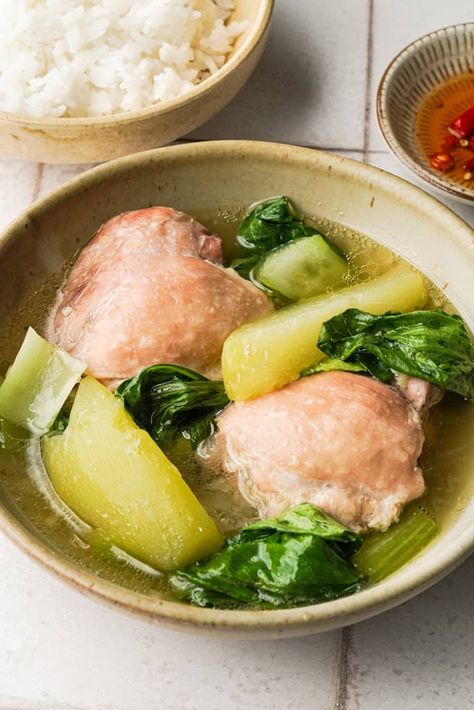 whisper of yum tinola Tinola Soup, Chicken Thigh Filipino Recipe, Chicken Tinola Recipe, Chicken Tinola Filipino Food, Bbq Pork Skewers, Chicken Bokchoy Stirfry With Rice, Tinola Recipe, Vegetable Soup Bokchoy, Bock Choy Soup Healthy