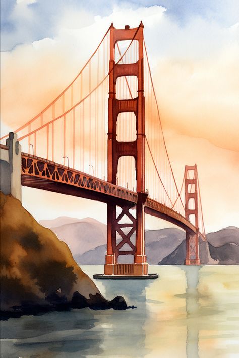 Bridge Watercolor, Bridge Painting, The Golden Gate Bridge, Marin County, Suspension Bridge, San Francisco Bay, Bay Bridge, California Usa, Golden Gate